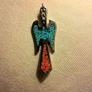 Crushed Turquoise & Coral Thunderbird Pendant